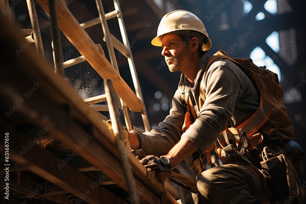Construction worker wearing safety harness and safety line working on scaffolding at new house under construction. Generated with AI. Construction worker wearing safety harness and safety line working on scaffolding at new house under construction. Generated with AI.