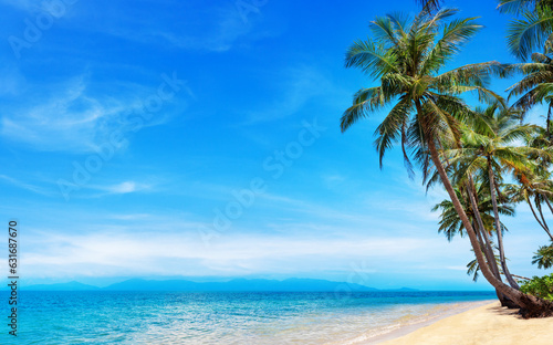 Tropical island paradise sea beach, beautiful nature landscape, coconut palm tree leaves, turquoise ocean water, sun blue sky white cloud, sand, Caribbean, Maldives, Thailand summer holidays, vacation © Vera NewSib