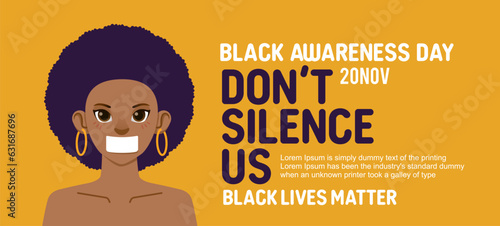 Black lives matter campaign banner silence mouth woman support people to gain equal right, human unity different races, Stop racism