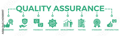 Quality assurance web icon vector illustration concept with icon of guarantee, support, feedback, improvement, development, testing, standard, satisfaction	