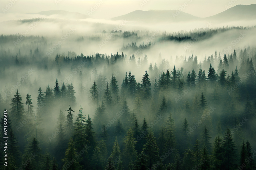 Foggy woodland aerial scene with pine trees in the mountains, in dark green tones. Topographic landscape wilderness background.