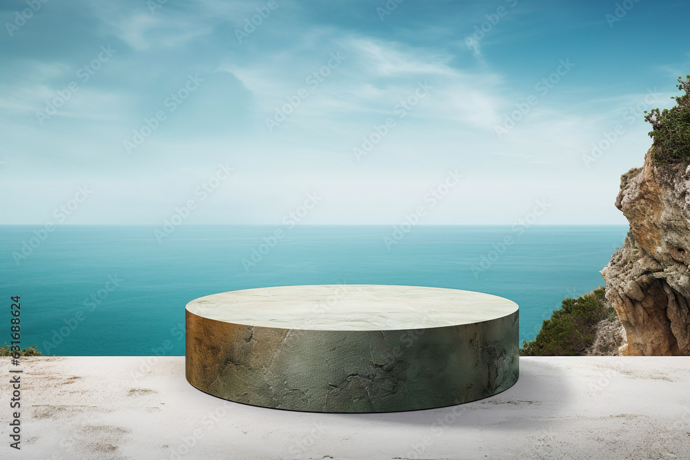 Round stone display table at ocean side. Futuristic minimalist mediterranean still life platform with blue sky for product design. 