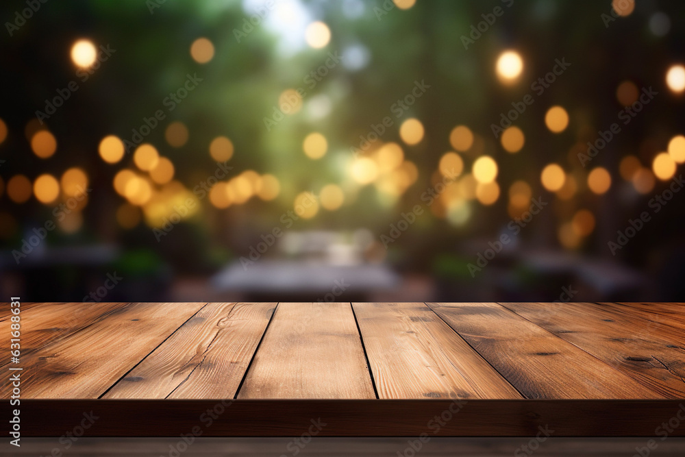 Rustic wooden bar table top background in warm tones. Natural display platform for product design with blurred evening city background.