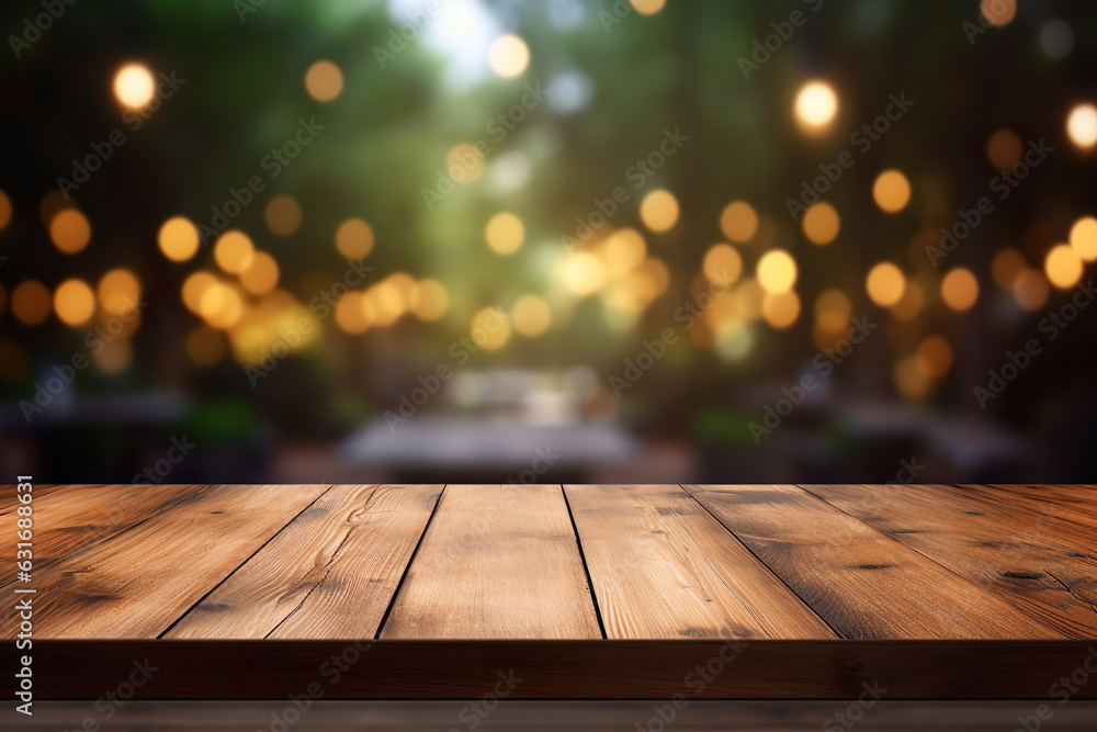 Rustic wooden bar table top background in warm tones. Natural display platform for product design with blurred evening city background. Rustic wooden bar table top background in warm tones. Natural display platform for product design with blurred evening city background.