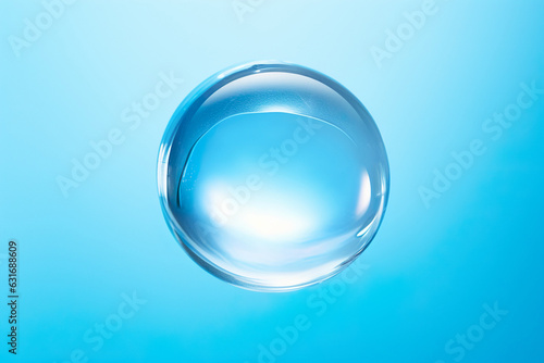 Perfect water drop. Liquid gel drop on blue background. Translucent glass ball of simple form. 