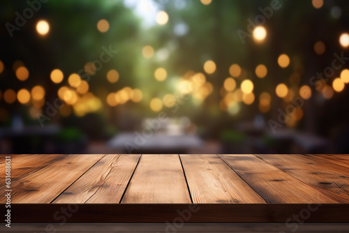 Rustic wooden bar table top background in warm tones. Natural display platform for product design with blurred evening city background.