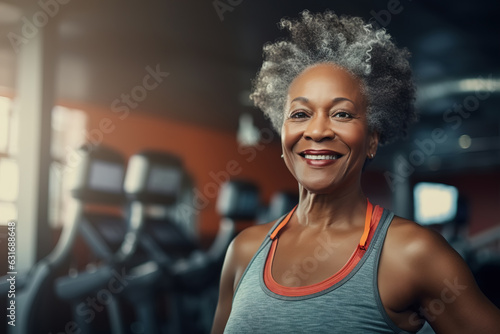 Senior people and sports, copy space banner. Active smiling middle aged african american athletic woman in gym, cheerful mature woman fitness workout