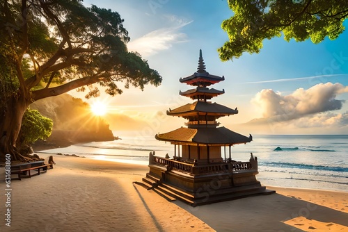 hindu temple in the beach, beautiful panorama, generative Ai art