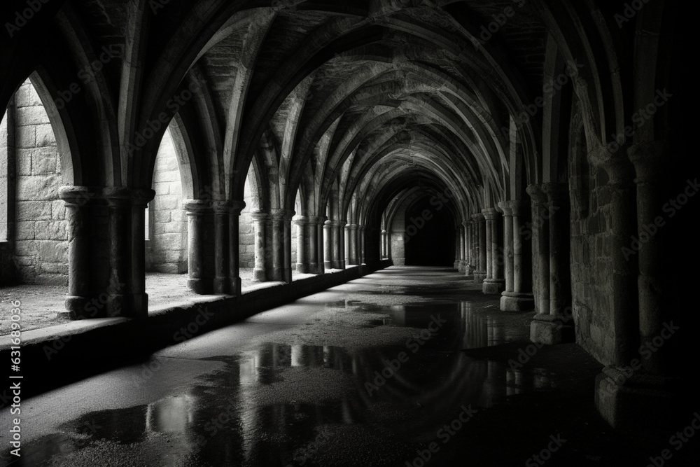 shot of hallway in black and white at the crypt at fountains abbey, aesthetic look
