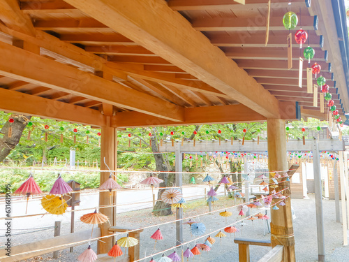 Colorful wind chimes hanging under the eaves of a shrine