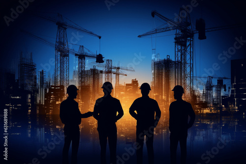 Silhouette Engineer team of the planning industry construction using the digital blueprint