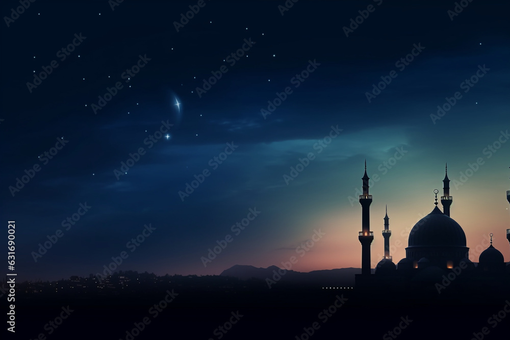 Silhouette Mosques Dome and Crescent Moon on dark blue Twilight sky in vertical frame, symbol islamic religion Ramadan and free space for text arabic, Eid al-Adha, Eid al-fitr, Mubarak, aesthetic look