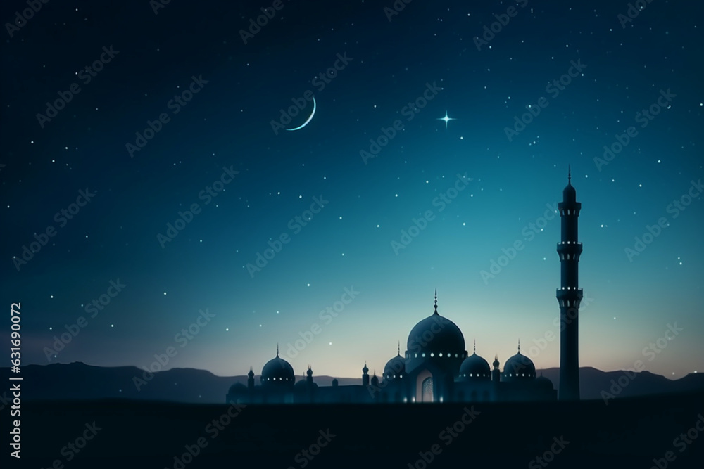 Silhouette Mosques Dome and Crescent Moon on dark blue Twilight sky in ...