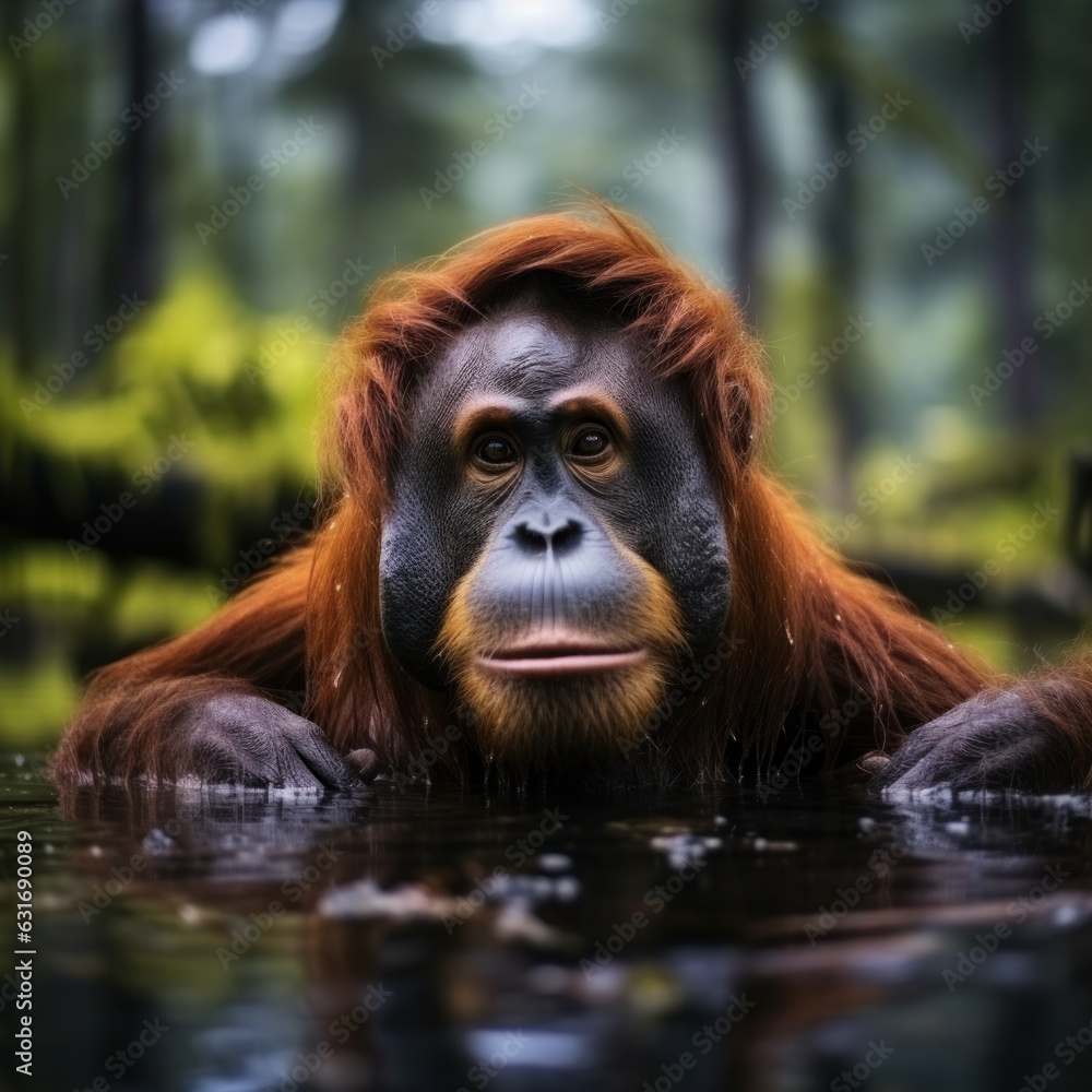 Obraz premium Orangutan in its Natural Habitat, Wildlife Photography, Generative AI