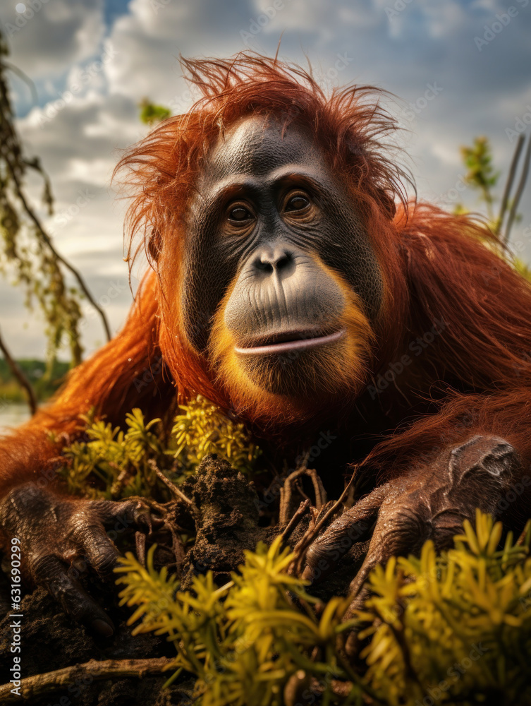 Obraz premium Orangutan in its Natural Habitat, Wildlife Photography, Generative AI