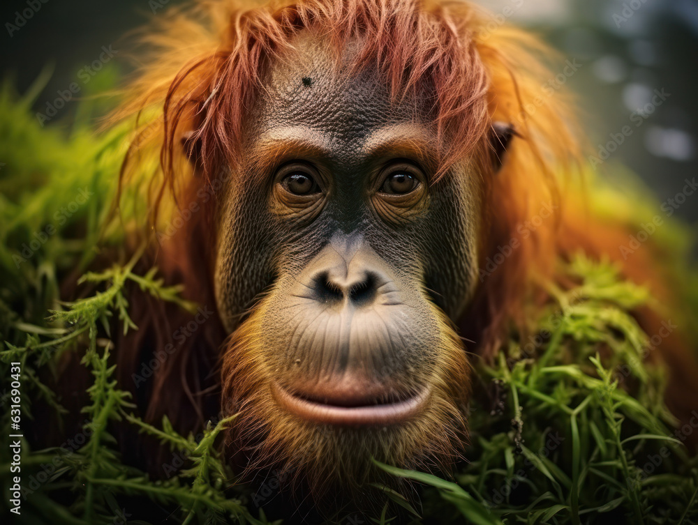 Fototapeta premium Orangutan in its Natural Habitat, Wildlife Photography, Generative AI