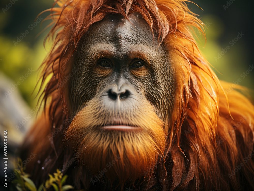 Naklejka premium Orangutan in its Natural Habitat, Wildlife Photography, Generative AI