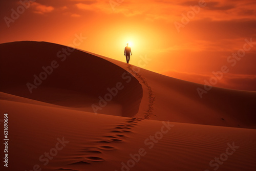 Silhouette of a man walking on the top of the big dune enjoying the dramatic bright desert sunset, aesthetic look