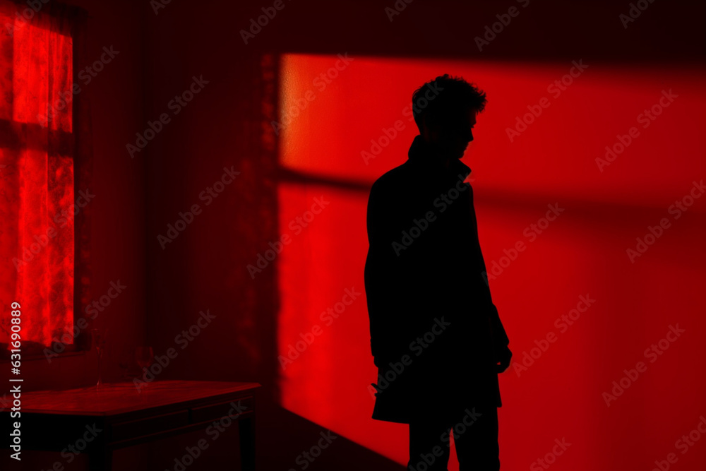 Silhouette of a man who comes into the room with a red light, back view, Shadow of man in the red room, aesthetic look
