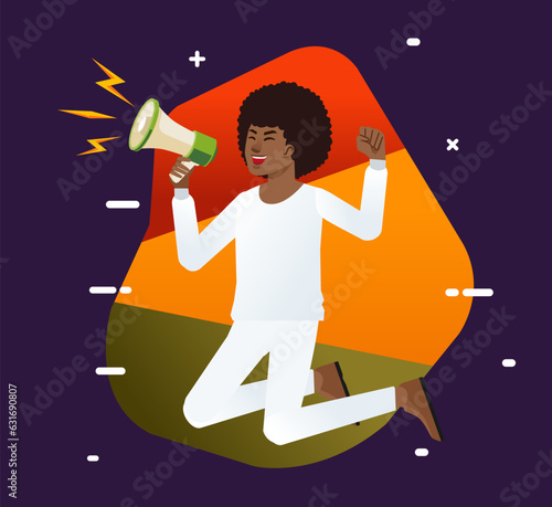 Jump man with megaphone or loudspeaker at a protest. Black lives matter protester. Standing up for and defending rights and freedoms No Racism Concept.Fight for Right