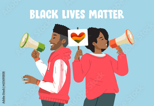 Man and woman with a megaphone protest. Black lives matter protester. Standing up for and defending rights and freedoms No Racism Concept.Fight for Right