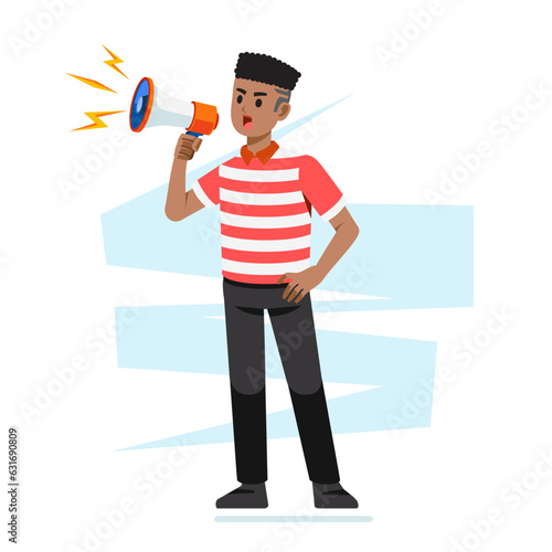 Man with a megaphone or loudspeaker at a protest. Black lives matter protester. Standing up for and defending rights and freedoms No Racism Concept.Fight for Right