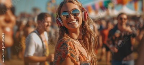 A free spirit happy woman at a music event, fair, amusement park or festival. shallow depth of field. Hand edited generative AI.