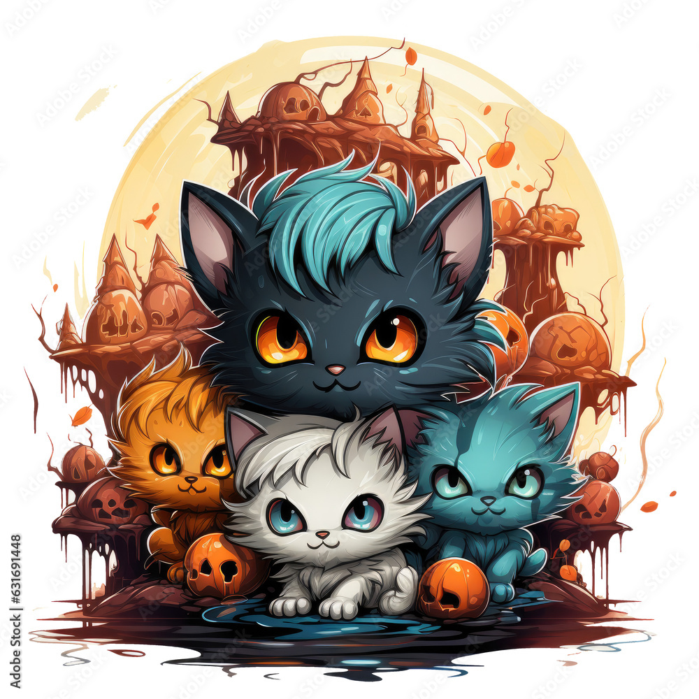 A heartwarming persian cat Halloween day t-shirt design, showcasing a group of adorable kittens dressed, Generative Ai A heartwarming persian cat Halloween day t-shirt design, showcasing a group of adorable kittens dressed, Generative Ai