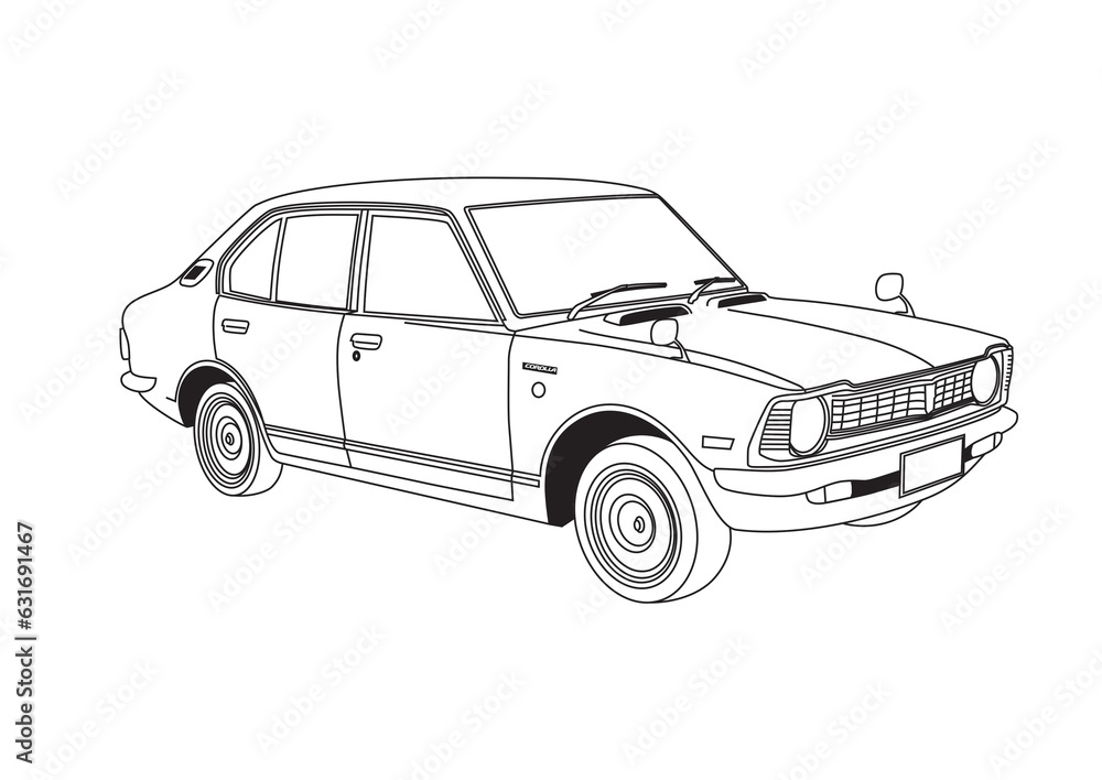 Vintage Classic Car Vector Art - Corolla KE20 Line Art. Old Car Illustration for Retro Designs. Outline doodle Vector Drawing