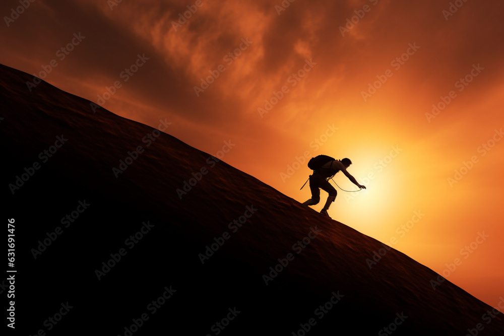 silhouette of a person climbing up the hill at sunset, aesthetic look