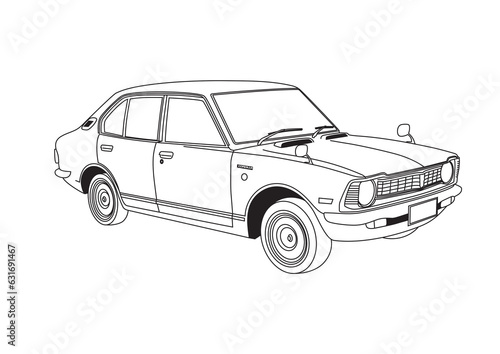 Vintage Toyota Corolla KE20 Vector Line Art – Classic Retro Car Outline Illustration for Automotive Design, T-Shirt, Sticker, and Print Use