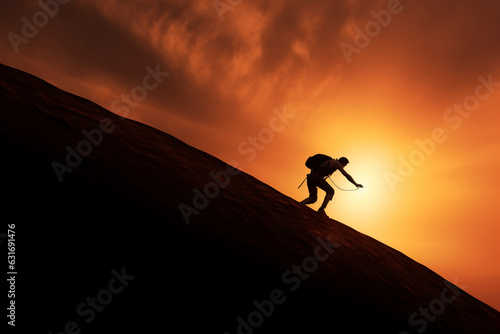 silhouette of a person climbing up the hill at sunset, aesthetic look