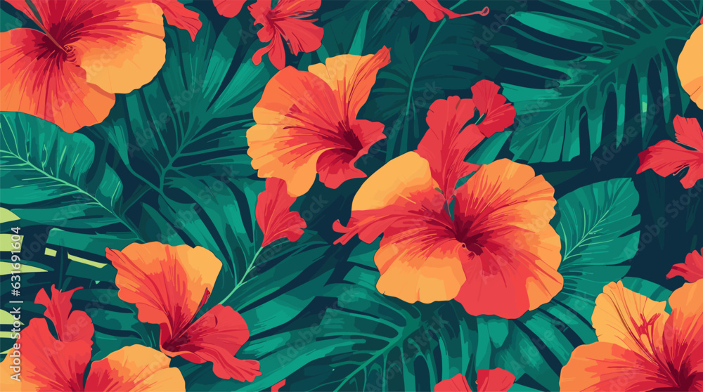 Escape to Tropical Paradise with our vibrant vector pattern. Hibiscus flowers amid palm leaves on bright backdrop. Ideal for travel decor, fashion, and prints. Editable-Customizable.