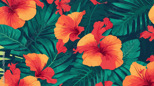 Escape to Tropical Paradise with our vibrant vector pattern. Hibiscus flowers amid palm leaves on bright backdrop. Ideal for travel decor  fashion  and prints. Editable-Customizable.