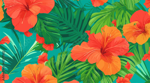 Escape to a Tropical Paradise with vibrant hibiscus flowers, palm leaves. Ideal for travel-themed decor, fashion, prints. Editable-Customizable.