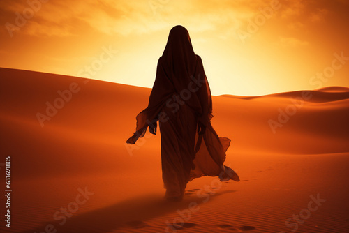 Silhouette of a woman in national muslim clothes in the sahara desert morocco africa, aesthetic look