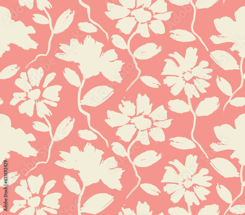 Silhouettes of blooming abstract flower seamless pattern in brush style.