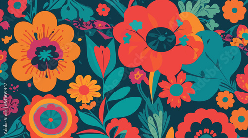 Groovy 70s vibes: Retro floral frenzy with bold flowers on dark backdrop. Ideal for nostalgic design, prints, decor. Editable, Customizable.
