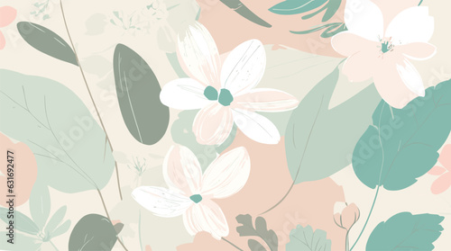 Embrace spring  Pastel flowers  leaves on light backdrop. Ideal for stationery  textiles  prints  joyful designs. Editable  Customizable.