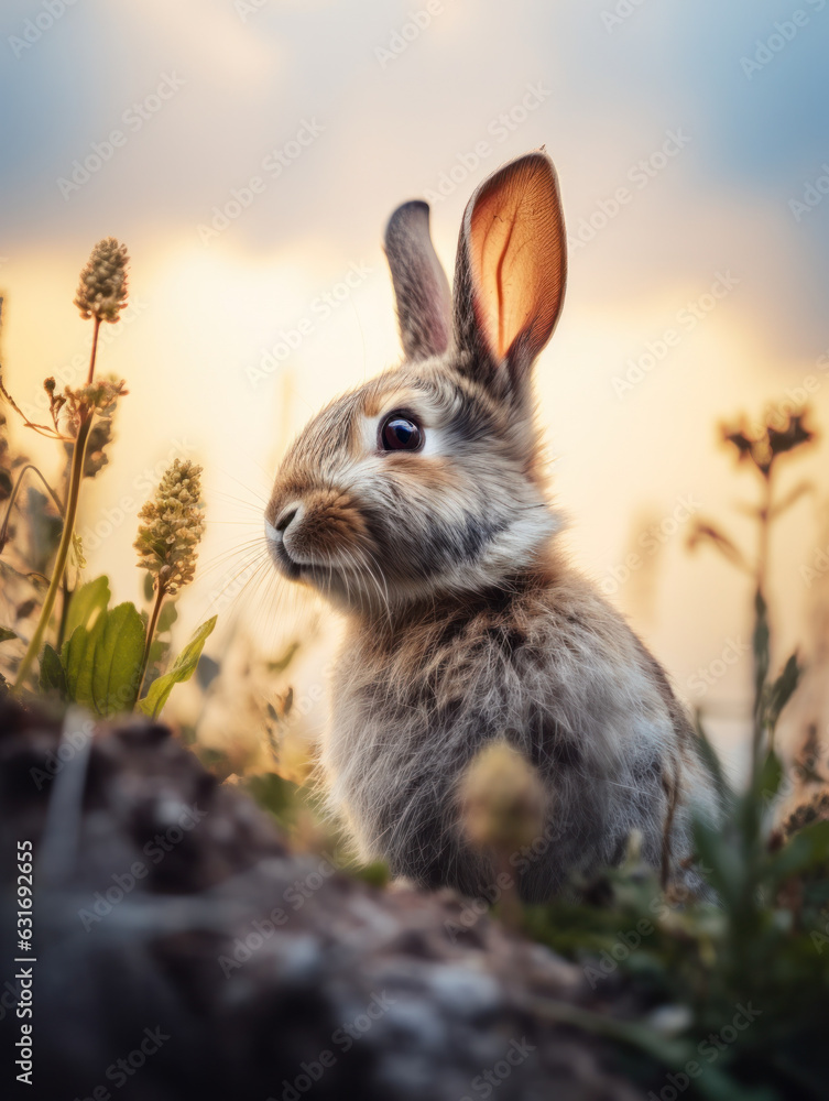 Fototapeta premium Rabbit in its Natural Habitat, Wildlife Photography, Generative AI