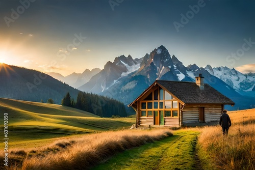 A charming house sits gracefully in the midst of a vast field  surrounded by the majestic backdrop of distant mountains - Generative AI