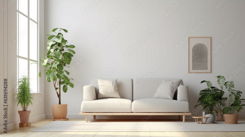 Comfortable couch in Scandinavian living room interior.Generative AI Comfortable couch in Scandinavian living room interior.Generative AI