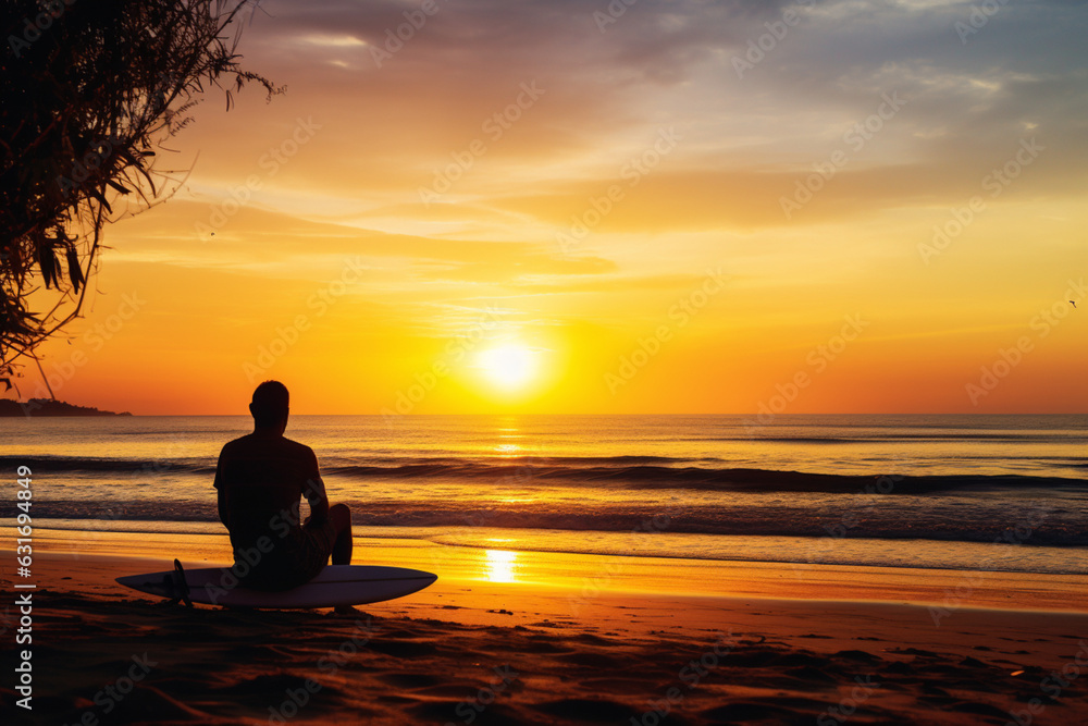 Silhouette of surf man sit with a surfboard on the beach, Surfing scene at sunset beach with colorful sky, Outdoor water sport adventure lifestyle,Summer activity, Handsome Asia male model in his 20s