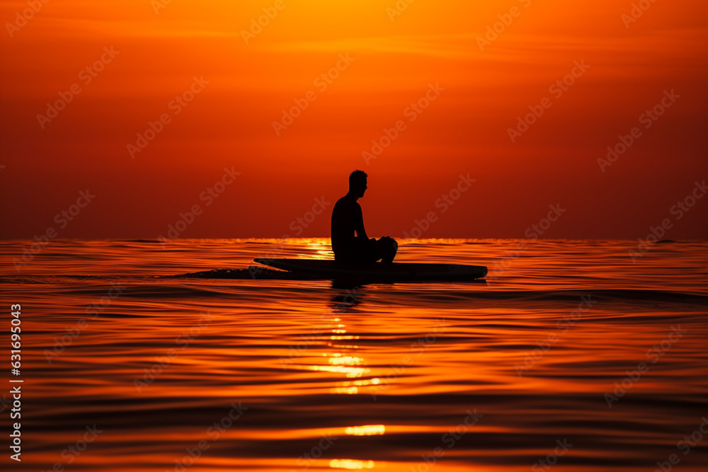 Silhouette of surfer sitting on surfboard in sea at sunset, soft light photography