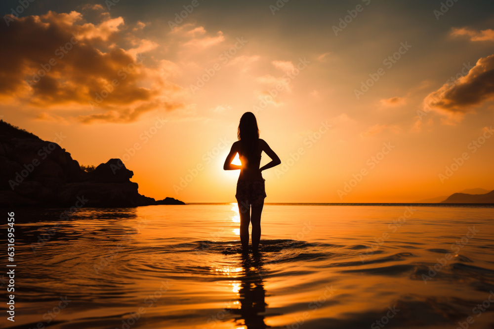 Silhouette of unknown unrecognizable woman standing on beach sea water practicing yoga and meditation looking to the sun