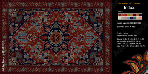 ¬¬Colorful carpet pattern for knitting cross stitch, carpet, rug, fabric, knitting, etc., with mosaic squares and grid guidelines. 2100 stitches. Read the index to learn the details.