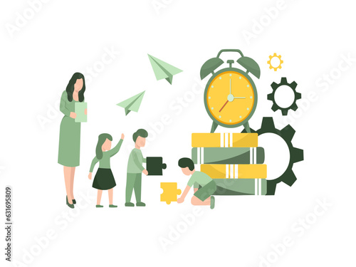 teaching children to acquire knowledge from books, world book day,Curious children studying reading flat vector education illustration, time to school, back to school, play puzzle, alarm clock