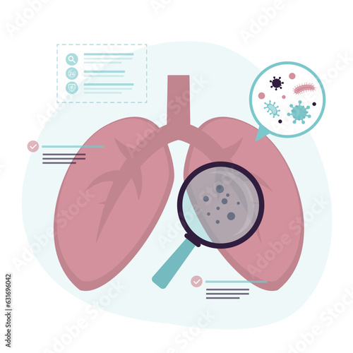 Check of lungs and respiratory system. Search for harmful bacteria, germs and pathogens. Magnifying glass and examines lungs. Laboratory researches and analyses.