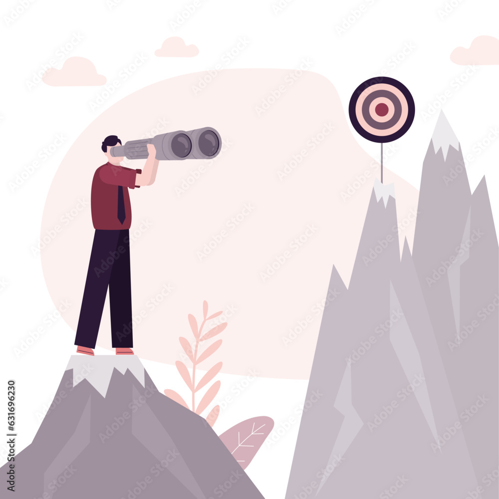 Smart businessman stands on rock and looks through binoculars at ...