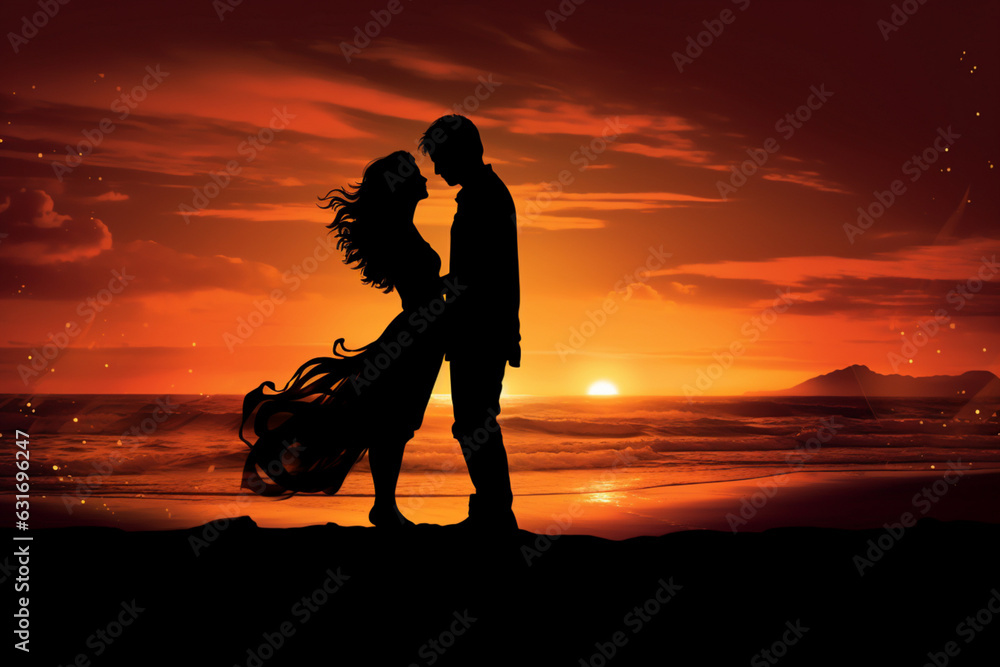 silhouette of young couple in love hugging on beach